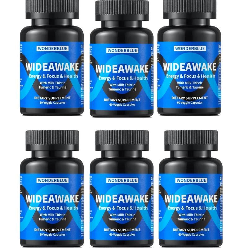 Wonderblue Wideawake Milk Thistle Tumeric & Taurine Capsules for Vitality Energy Detox 60 Veggie Capsules USA Made FDA GMP Supplement