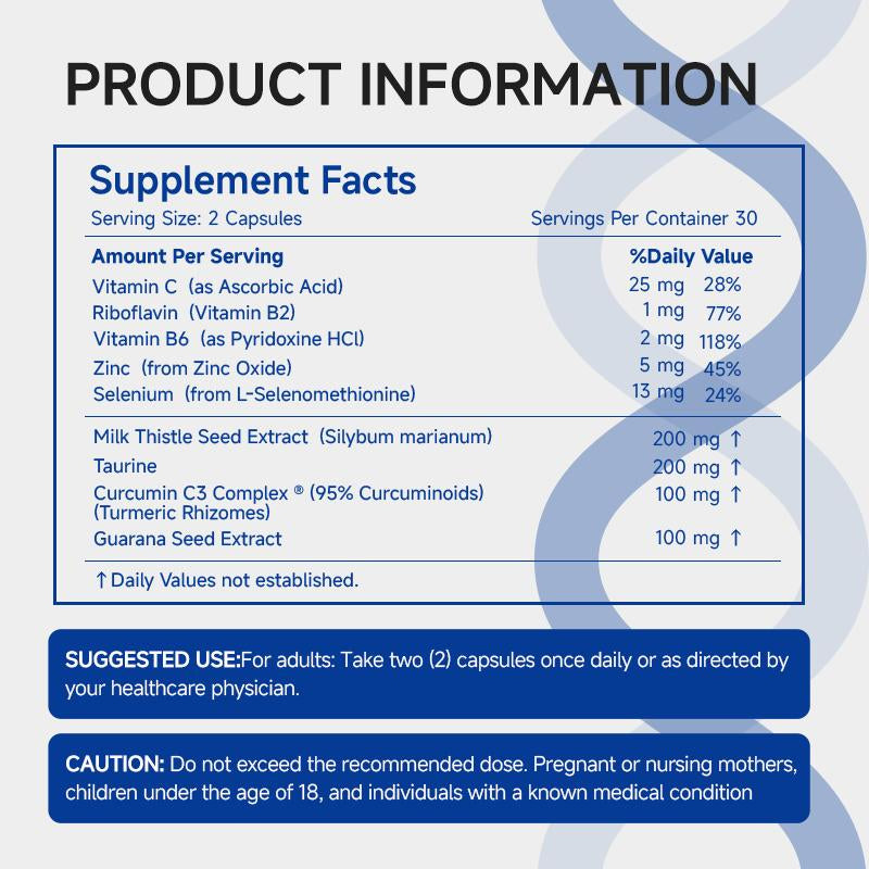 Wonderblue Wideawake Milk Thistle Tumeric & Taurine Capsules for Vitality Energy Detox 60 Veggie Capsules USA Made FDA GMP Supplement