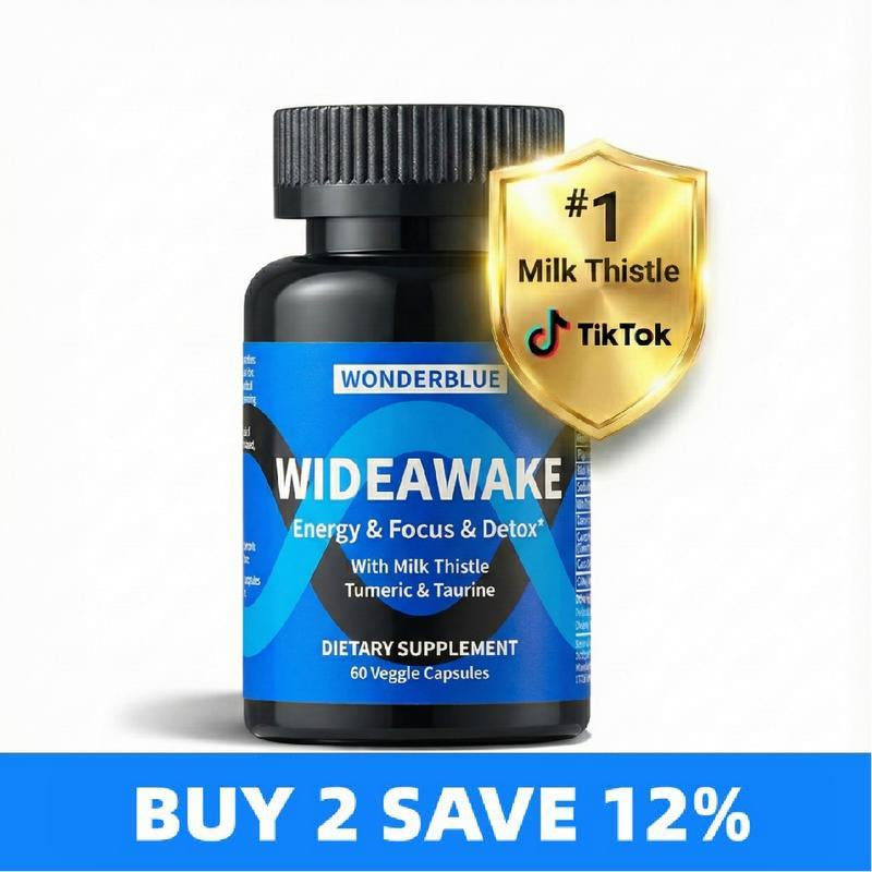 Wonderblue Wideawake Milk Thistle Tumeric & Taurine Capsules for Vitality Energy Detox 60 Veggie Capsules USA Made FDA GMP Supplement